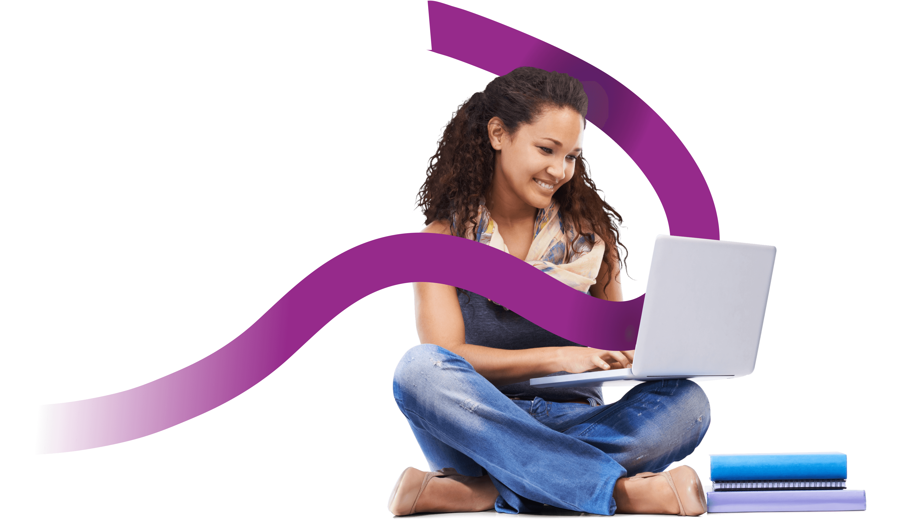 Person sitting with laptop open while a purple ribbon flows past them